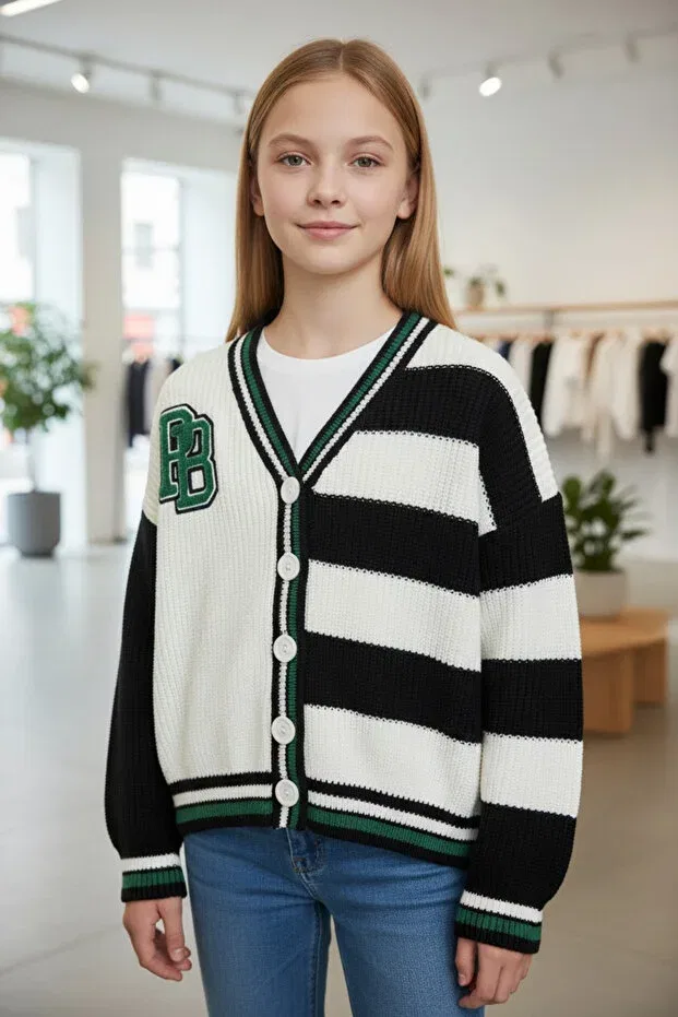 Детский кардиган для девочек полосатый вязаный Appliqued Stripe Patterned Knitwear Minimoda Kids, Ecru