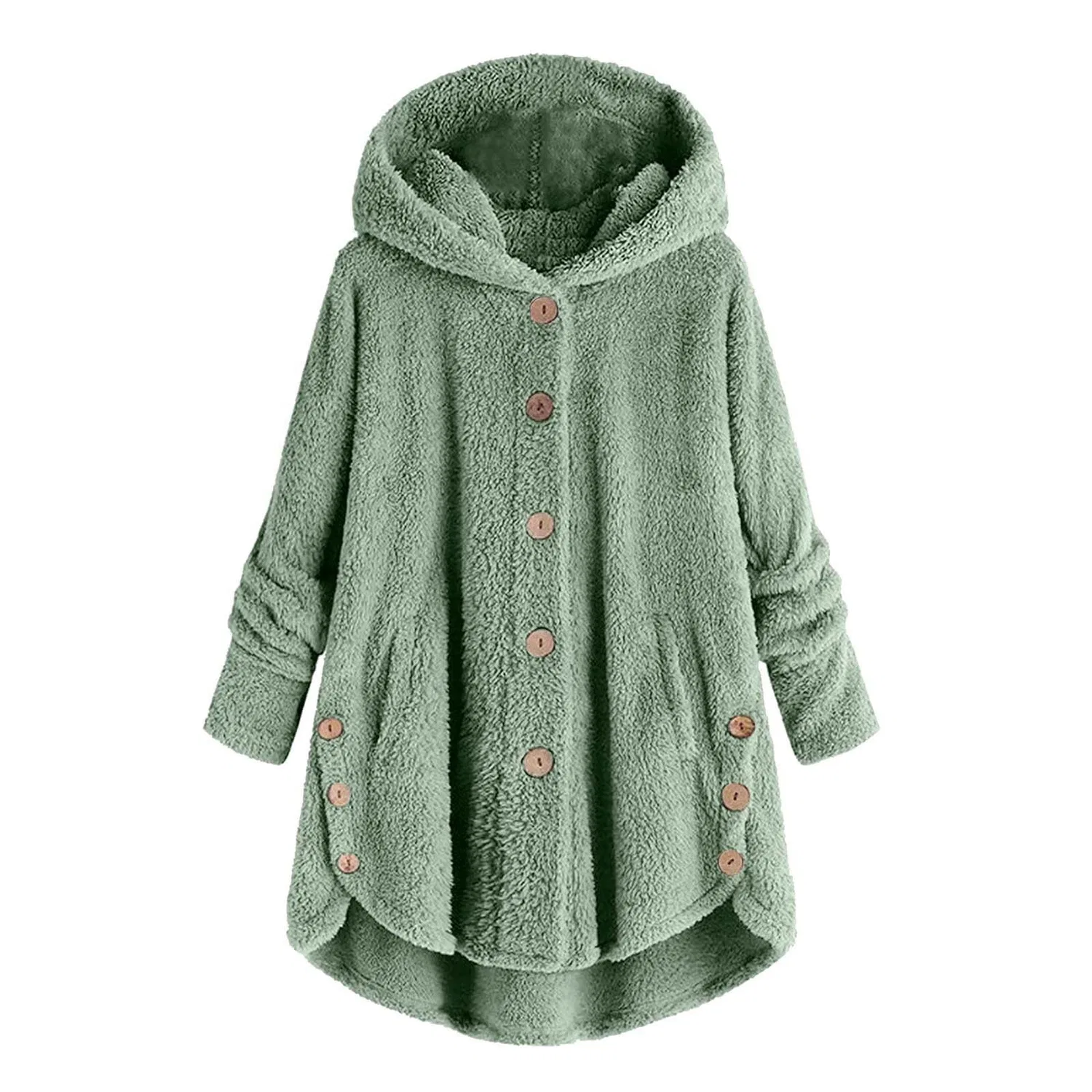 Женское пальто из флиса с капюшоном и принтом, модель Fuzzy Fleece Coat, 01#Verde chiaro