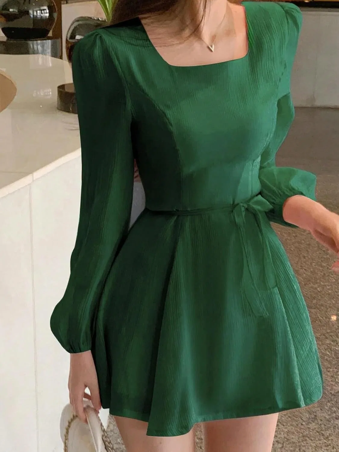 Женское повседневное платье A-силуэта с открытыми плечами, Green — фото 2