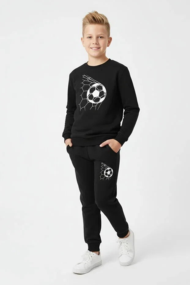 Детский комплект свитшота и брюк для мальчиков с принтом 3 thread thick sh fleece-lined crew neck football mesh print detailed boys' tracksuit set Ya Ko Kids, Black — фото 3