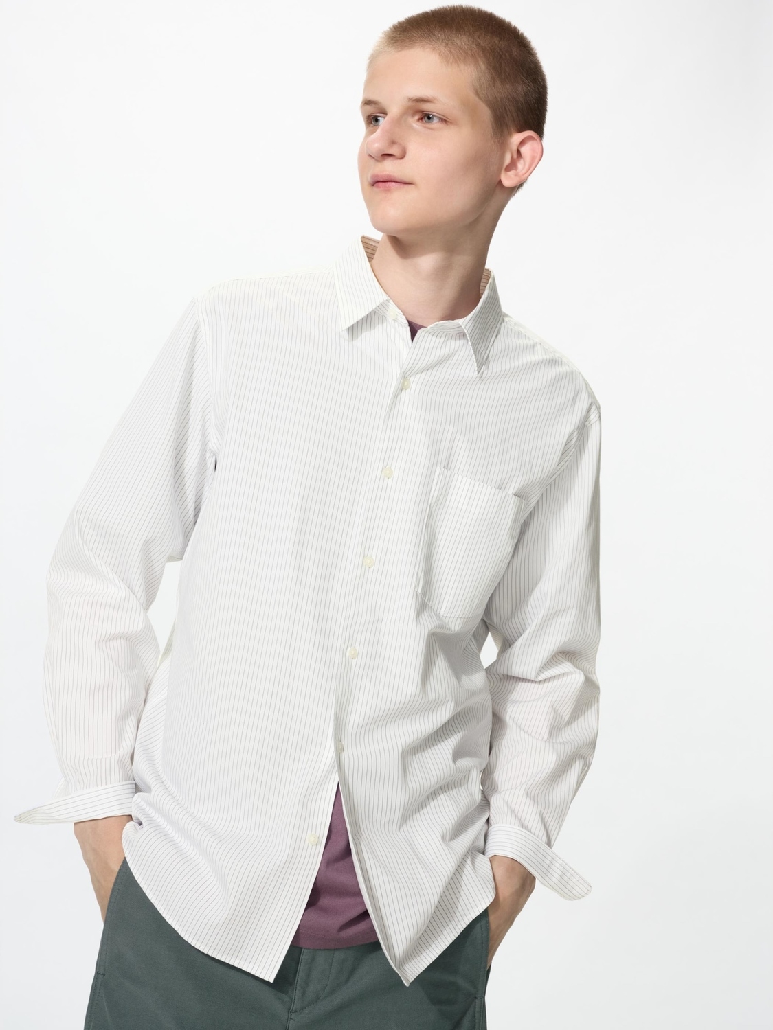 Рубашка Uniqlo Broadcloth Striped Regular Collar Unisex, 01 белый — фото 2