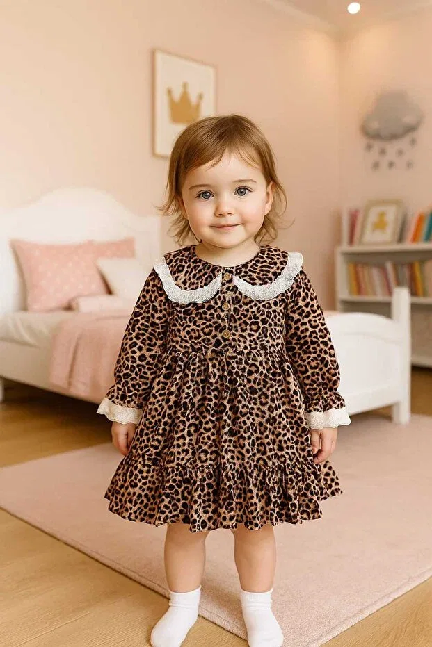 Детское платье для девочек с длинным рукавом Leopard Print Bilge Trend, Leopard Baby Collar