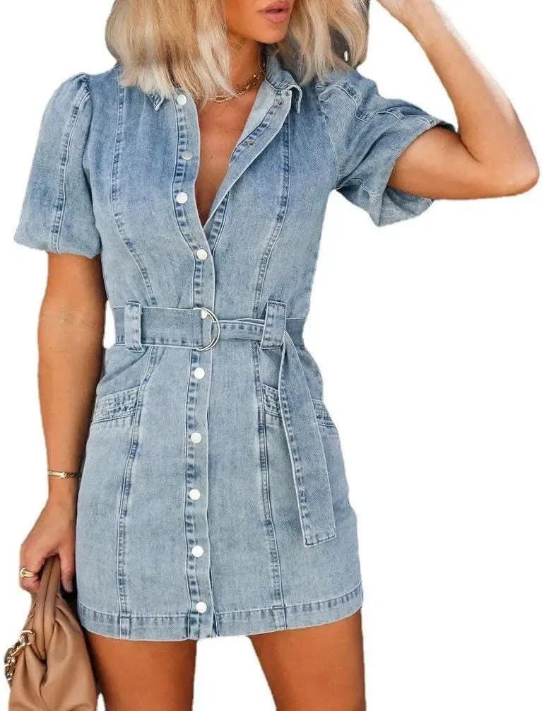 Женское джинсовое платье с вышивкой V-образным вырезом, Short Sleeve, A Line, High Waist, Pocket, Casual Chic Mini Dress — фото 4