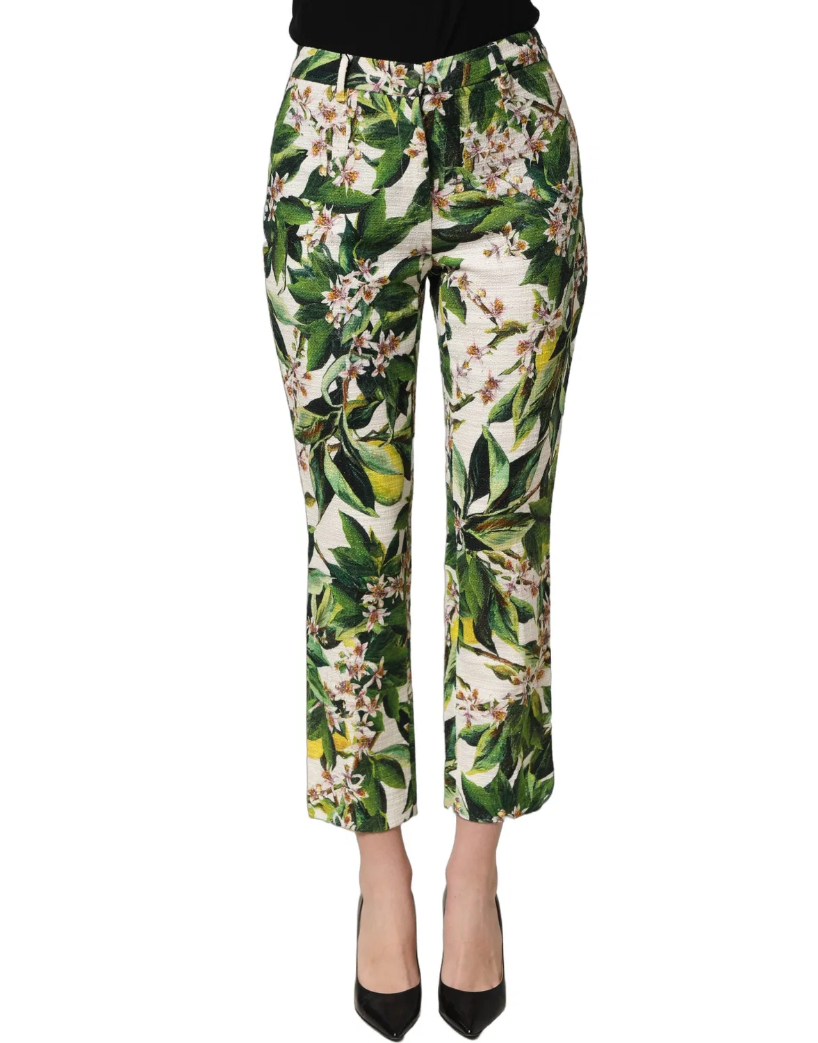 Женские брюки с цветочным принтом White Floral Print Cropped Straight Pants Dolce & Gabbana, White Green — фото 2