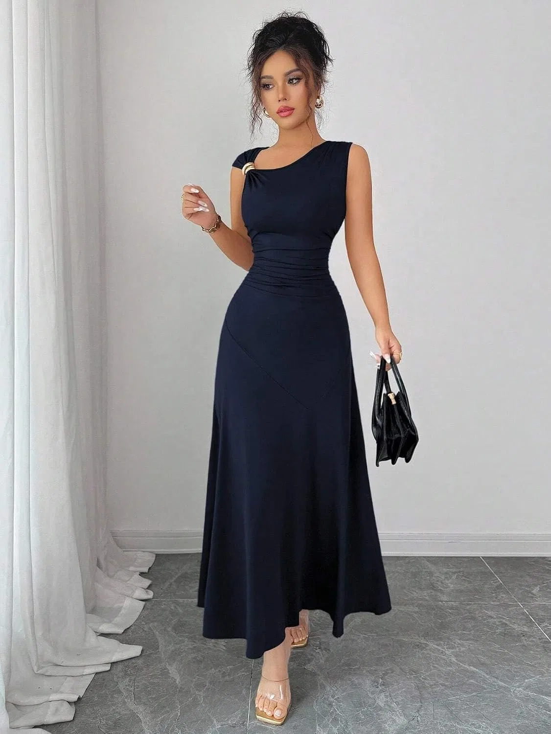 Женское повседневное платье миди с асимметричным вырезом, Royal Blue — фото 4