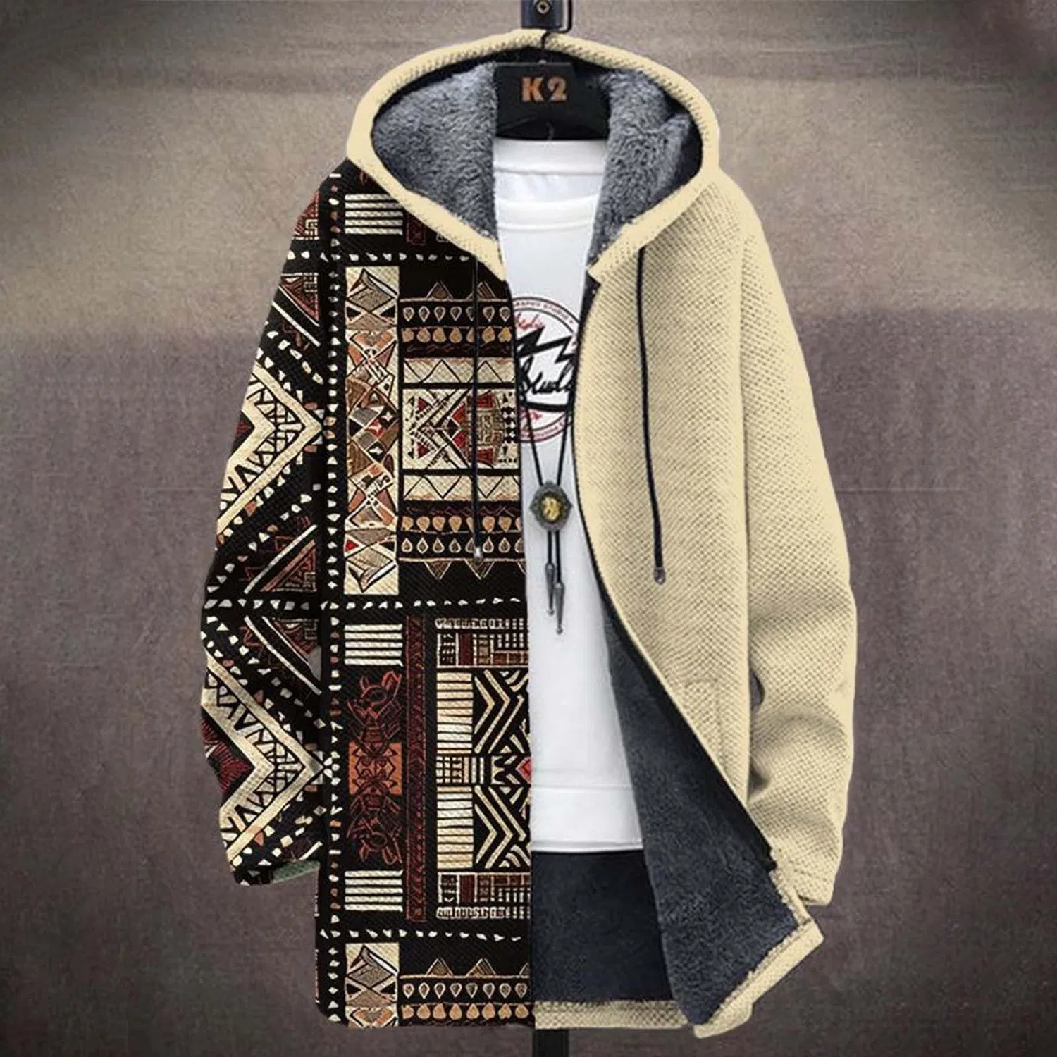 Мужское пальто с капюшоном из шерсти, коричневое, Beige-Z — фото 2