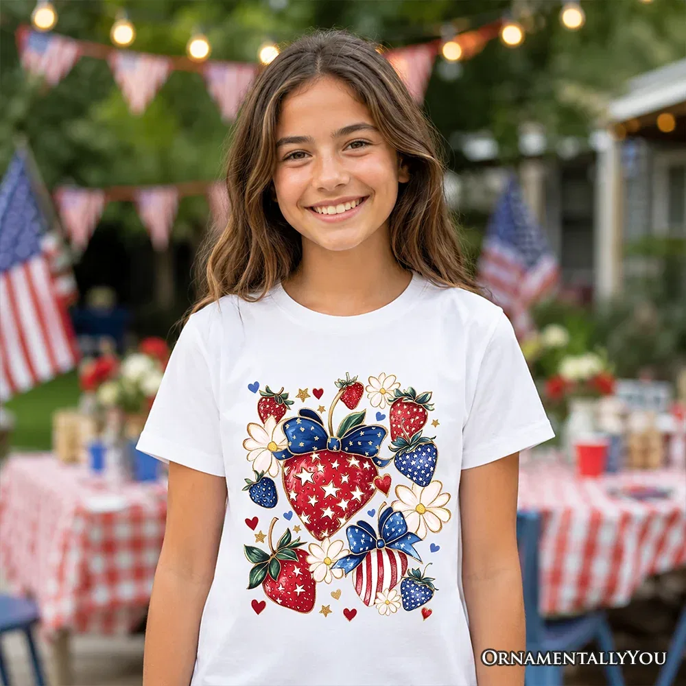 Детская футболка с принтом Patriotic Boho Strawberries Bouquet OrnamentallyYou, Natural — фото 2