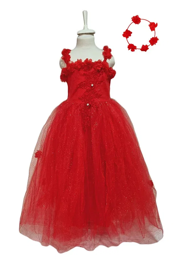 Детское платье для девочек с кристальной тюлью Crowned Red Rose Girls' Evening Dress Mashotrend, Красное — фото 2