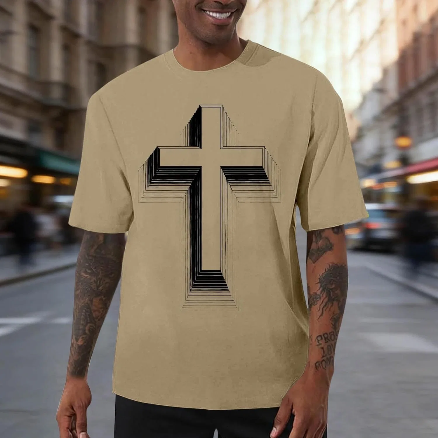 Мужская футболка с принтом креста Jesus Cross, Khaki — фото 2