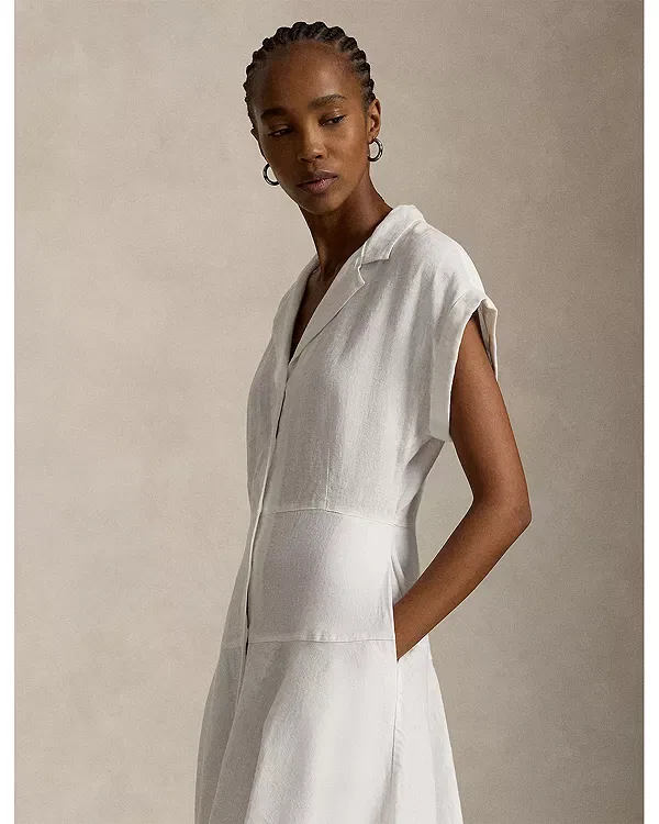 Женское льняное платье-рубашка с коротким рукавом Ralph Lauren, белый — фото 2