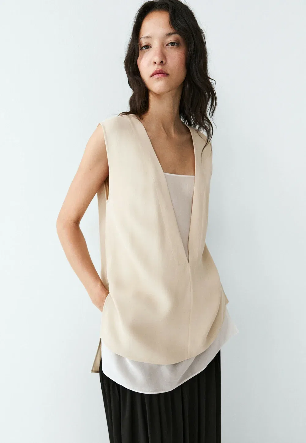 Струящаяся двухслойная блузка с контрастными деталями Massimo Dutti, Beige — фото 3