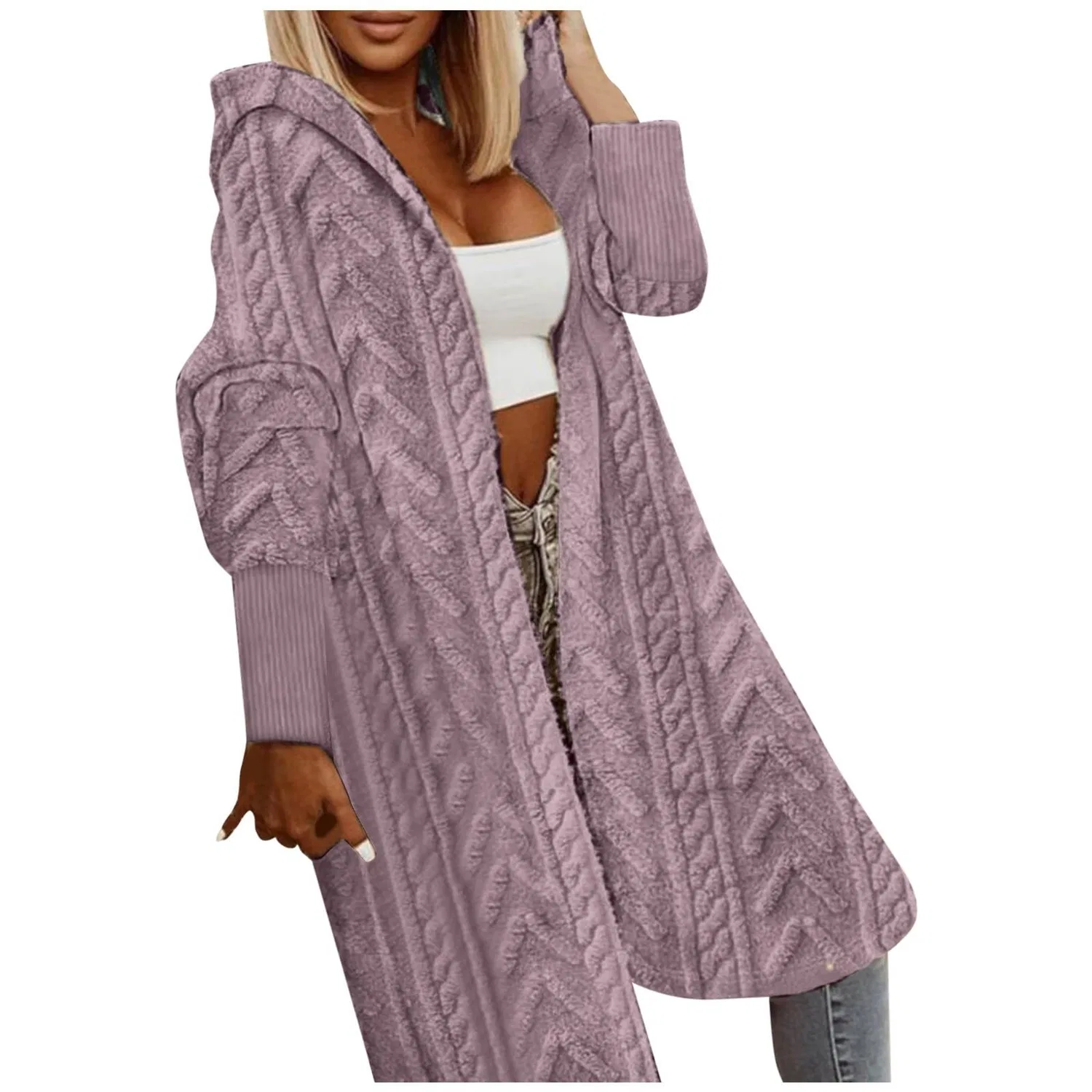 Женское пальто из флиса с капюшоном, rosa