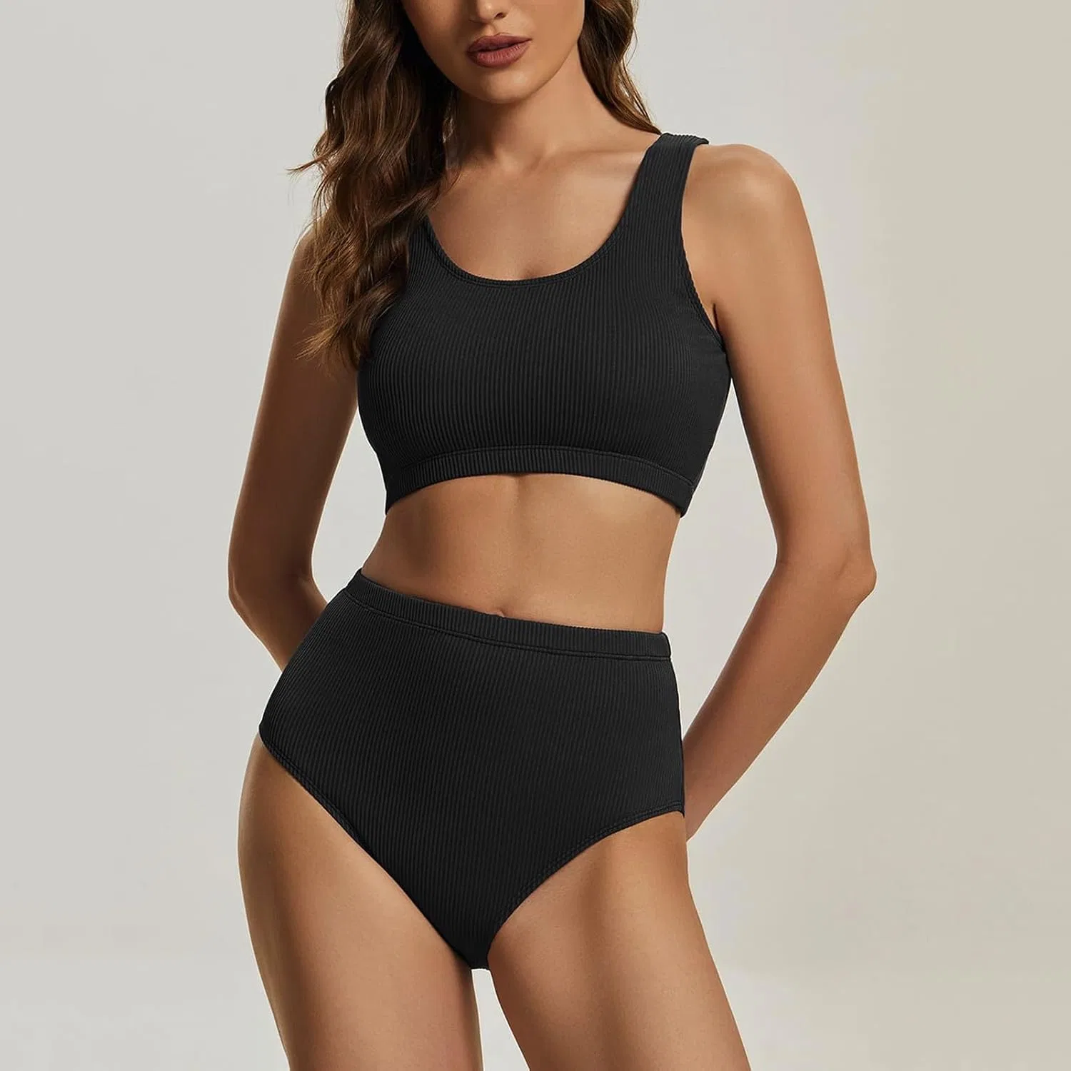 Женский бикини-комплект с пуш-ап топом и высокой талией, Solid, Black — фото 2