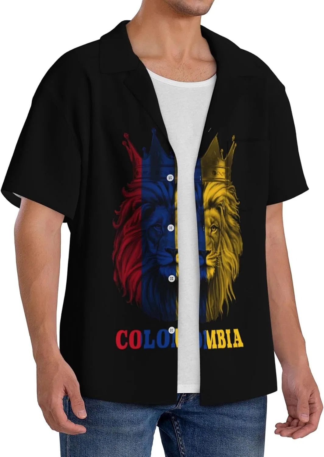 Мужская повседневная рубашка с коротким рукавом King Lion Colombia Flag, Black — фото 2