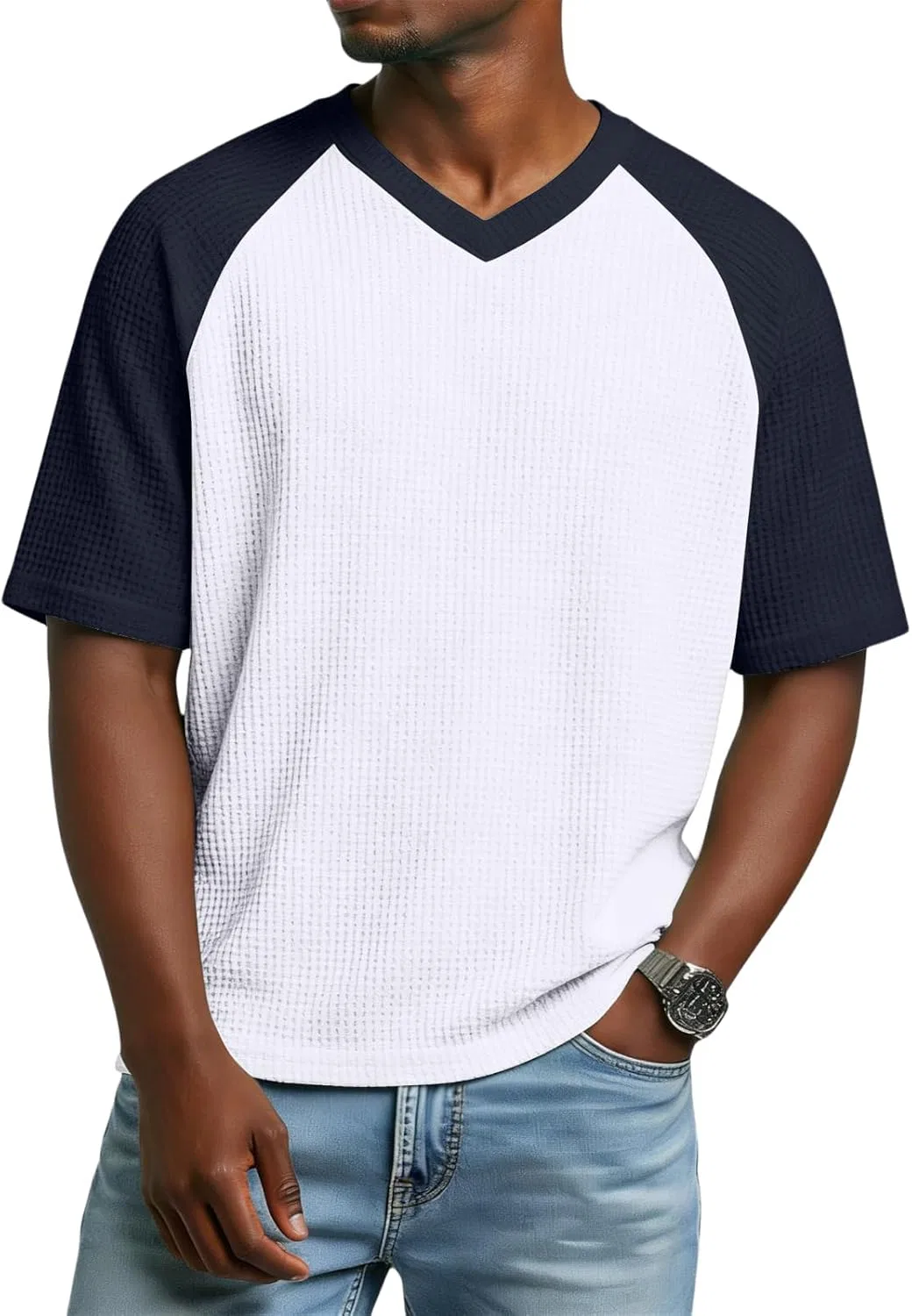 Мужская футболка с вафельной текстурой Summer Short Sleeve V Neck, White