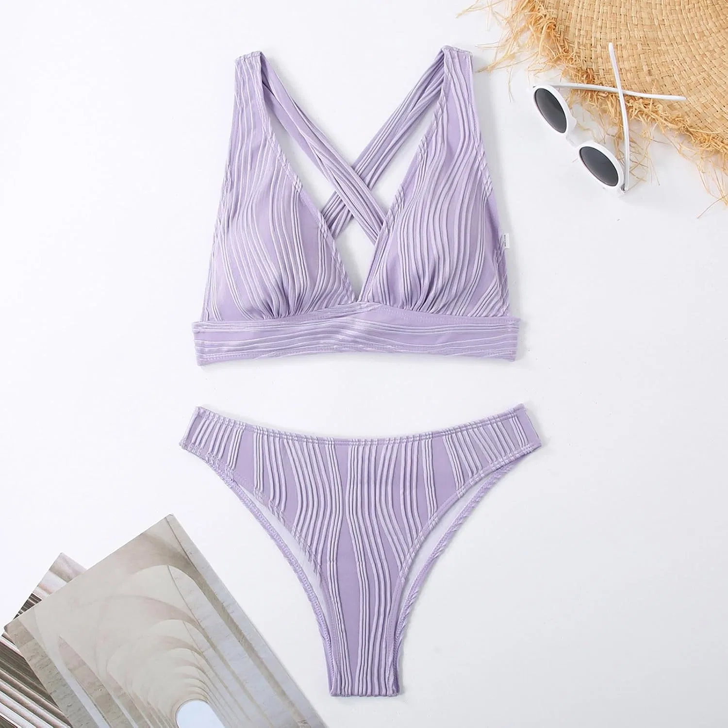 Женский бикини-сет с V-образным вырезом и чашечками push-up, Purple — фото 4