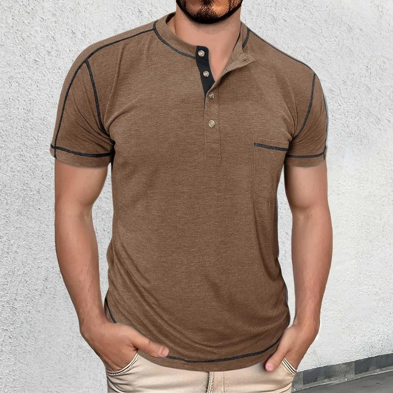 Мужская футболка с контрастным дизайном Short Sleeve Round Neck, Khaki — фото 3