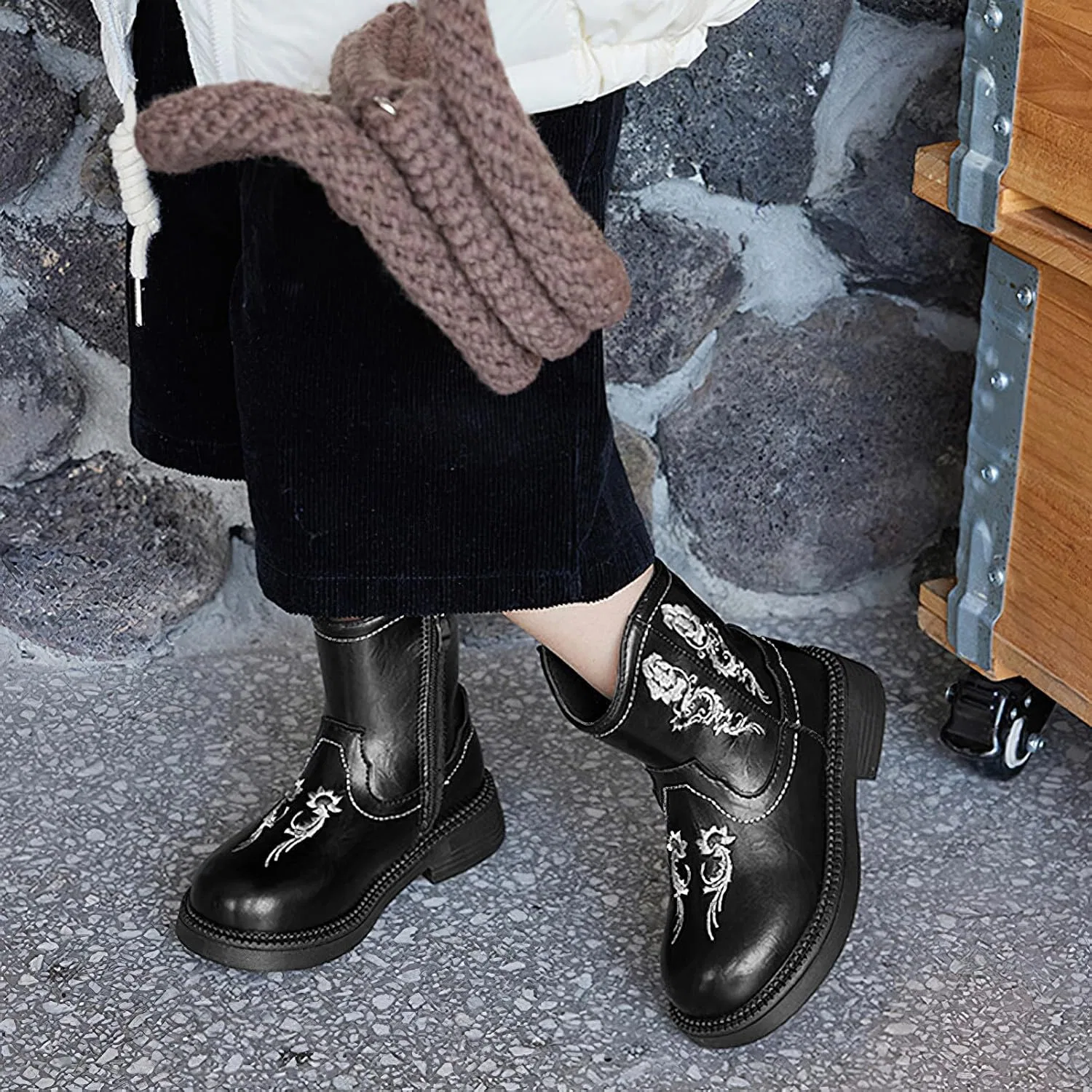 Детские сапоги для девочек с вышивкой Cowboy Western Boots rismart, Black — фото 3