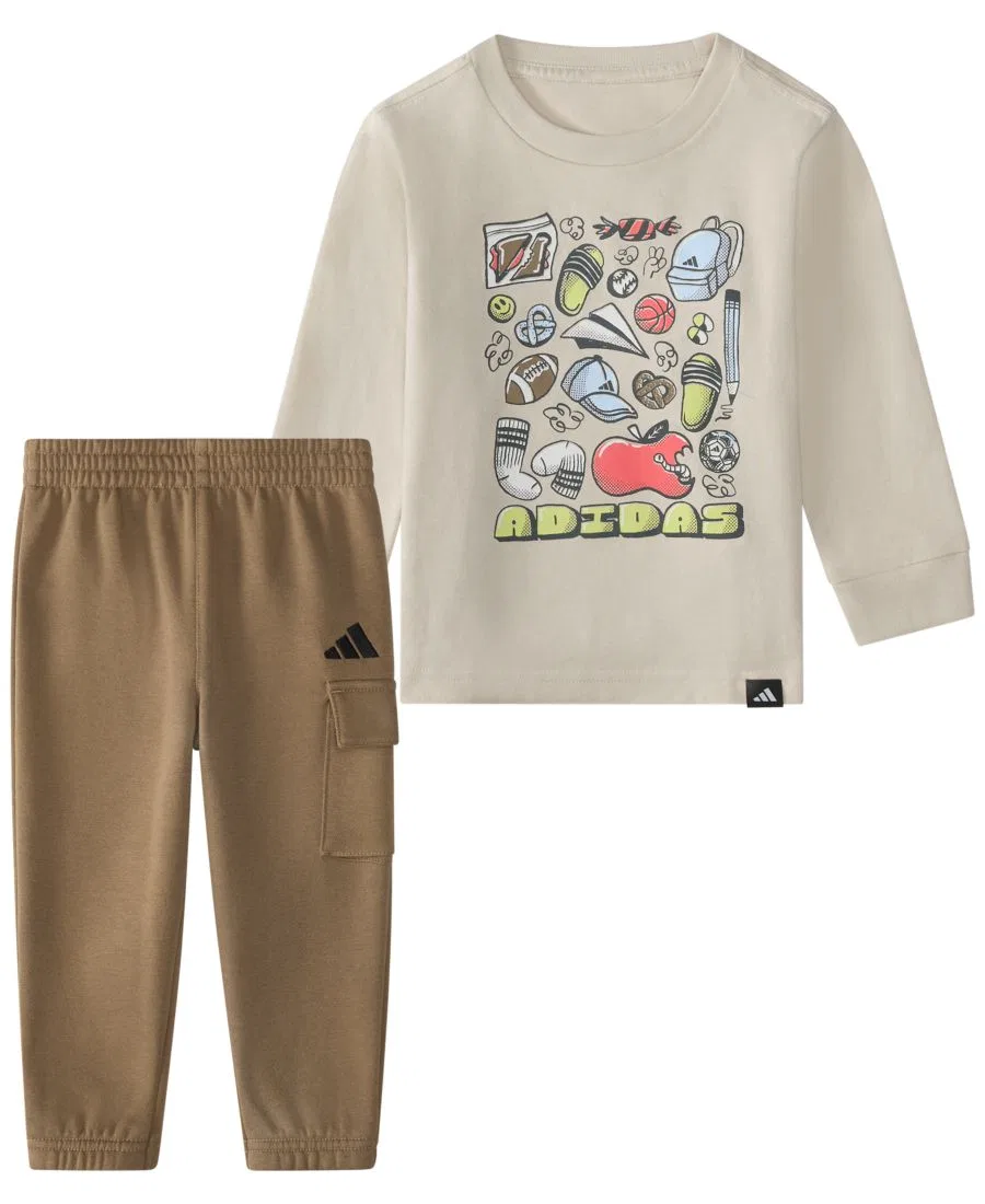 Комплект из лонгслива и джоггеров с принтом adidas, Natural