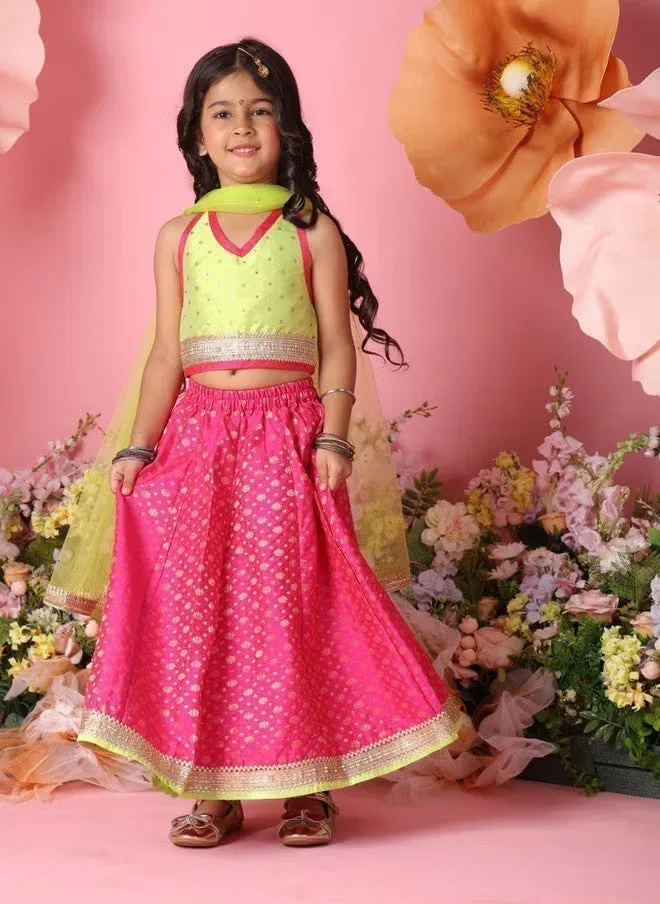 Комплект лехенга-чоли с блестками, модель Girls printed sequinned lehenga & blouse with dupatta, Saka Designs, зеленый — фото 2