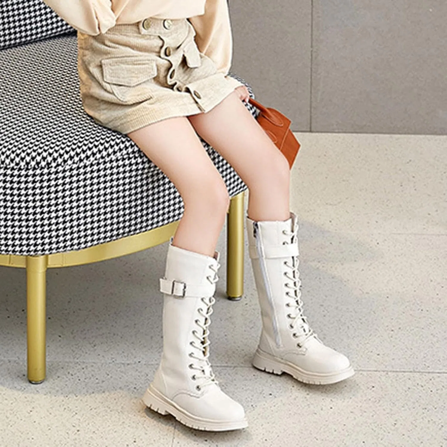 Детские ботинки на шнуровке из PU-кожи с принтом, модель Girls Lace Up Combat Boots, White — фото 3