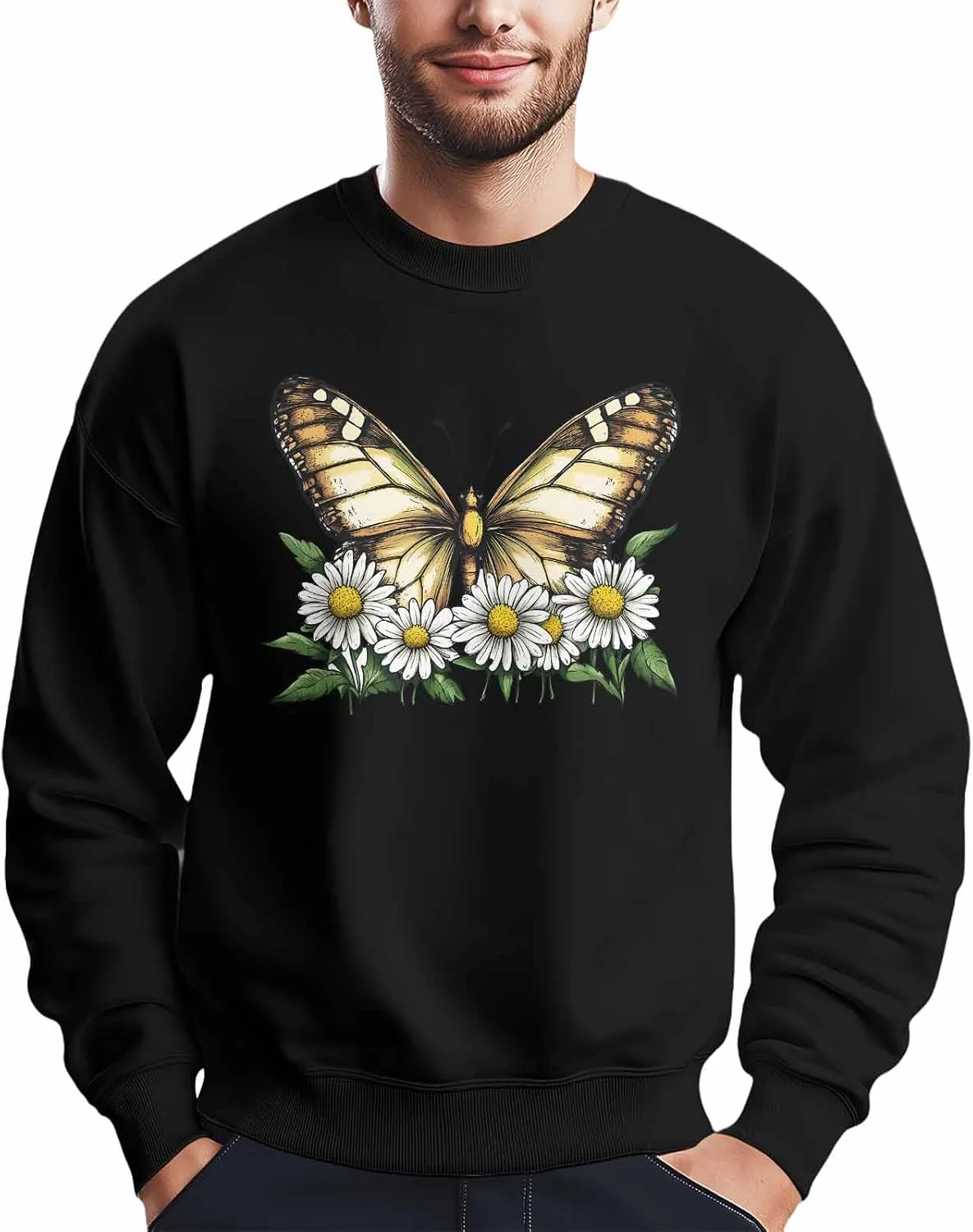

Мужской свитшот с принтом бабочки и белой ромашки, Crewneck, Long Sleeve Winvebermior