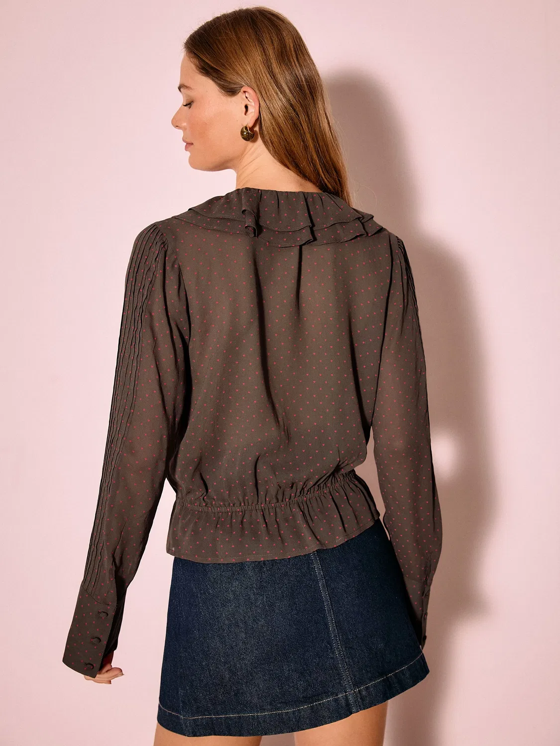 Блуза с принтом сердца, рюшами и защипами, Chocolate Brown Heart Print Next, коричневый — фото 3