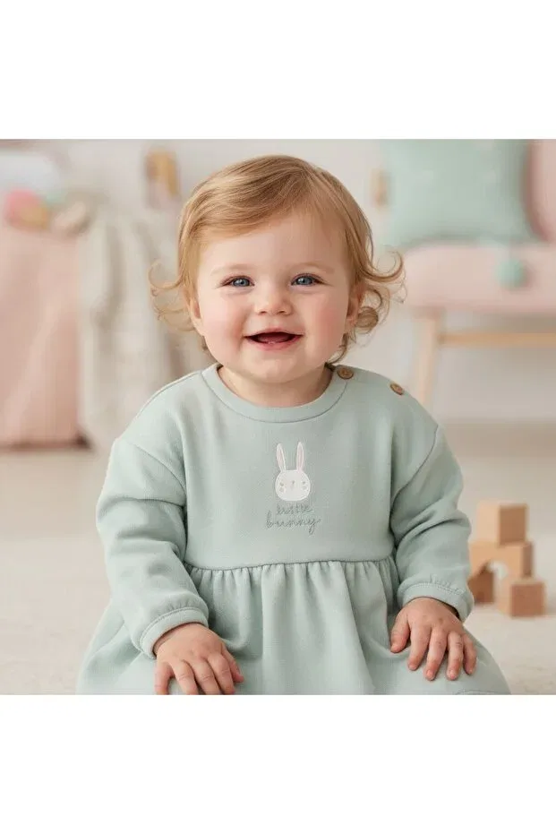 Детское платье для девочек с длинным рукавом Tavşanlı winter baby girl dress Seabubbles, Green — фото 2