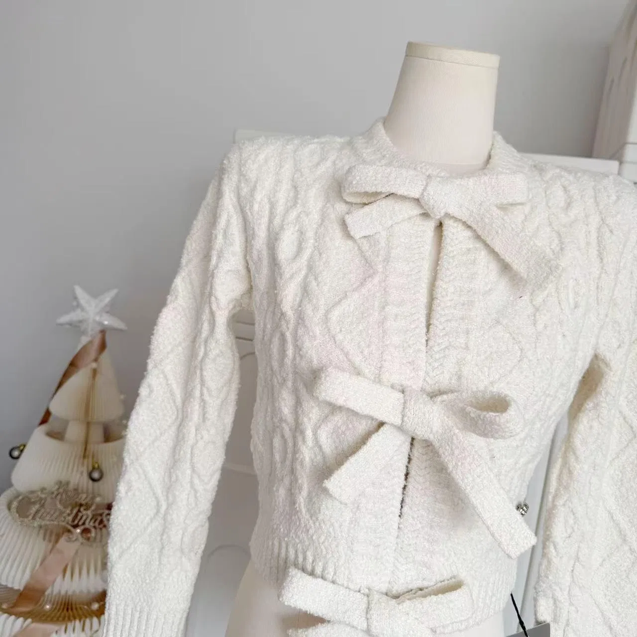 Женский кардиган с бантом, из хлопковой пряжи, White A (cotton Yarn) — фото 4