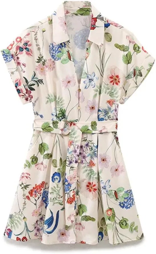 Женское мини-платье с принтом, модель Vintage Print Lapel, 4