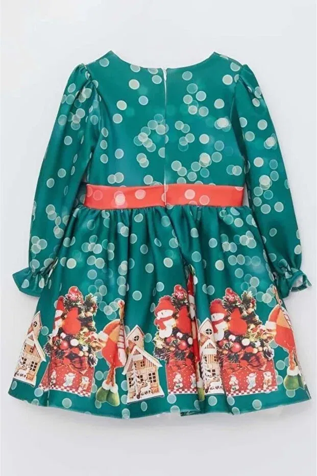 Детское платье для девочек с принтом Girl'S home and teddy bear print green christmas dress with polka dots on the waist stripe Riccotarz, Green — фото 4