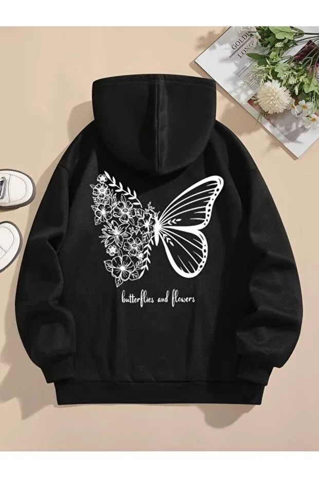 Детское худи с принтом для девочек Unisex kids flower and butterfly printed oversize winter 3 thread 100% cotton hooded sweatshirt Keywest, Black