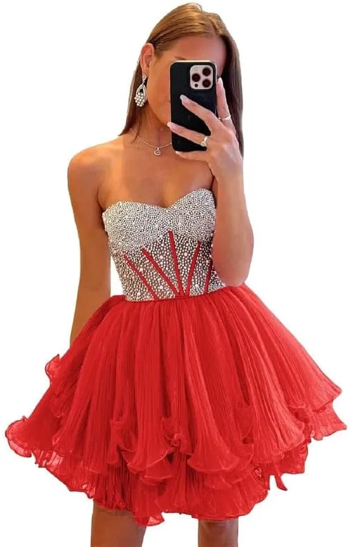 Женское коктейльное платье с рюшами из тюля, Red
