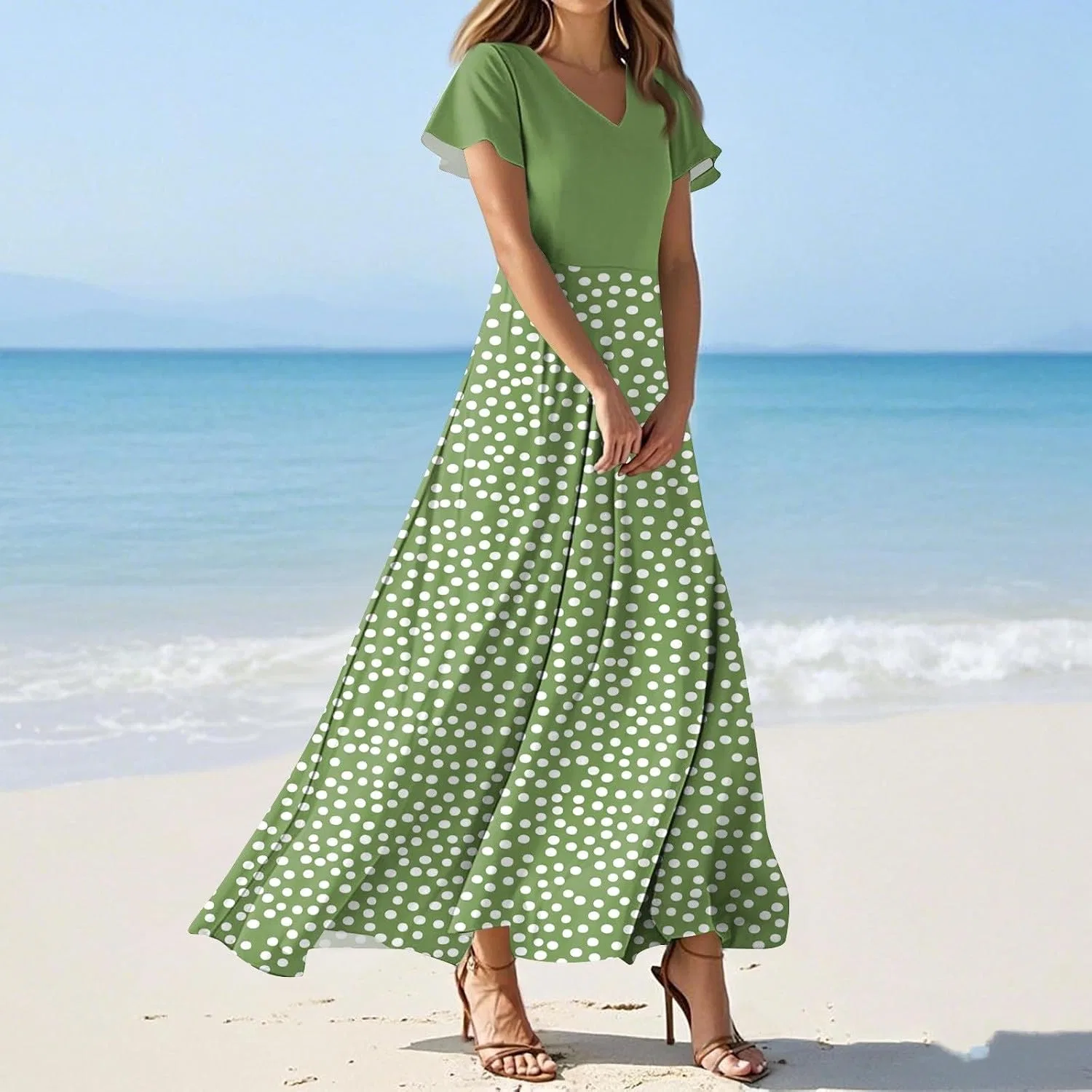 Женское летнее макси-платье с цветочным принтом, V-neck, Green — фото 2