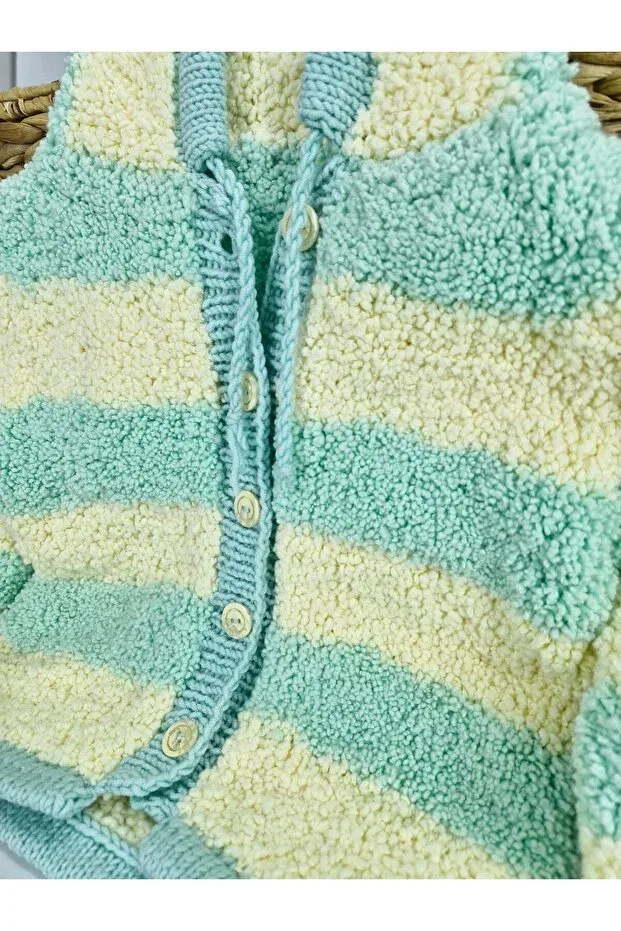 Детский кардиган для мальчиков с капюшоном Hand Knitted Hooded Boy's Cardigan Evitle, Yellow-Aqua Green — фото 2