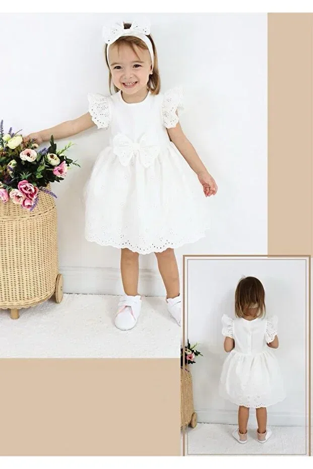 Детское платье для девочек с вышивкой My little one's flowers floral embroidery bowknot brode baby girl dress Minigimin Cicileri, Cream