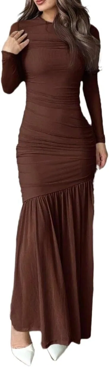 Женское повседневное платье миди с длинным рукавом, Chocolate Brown