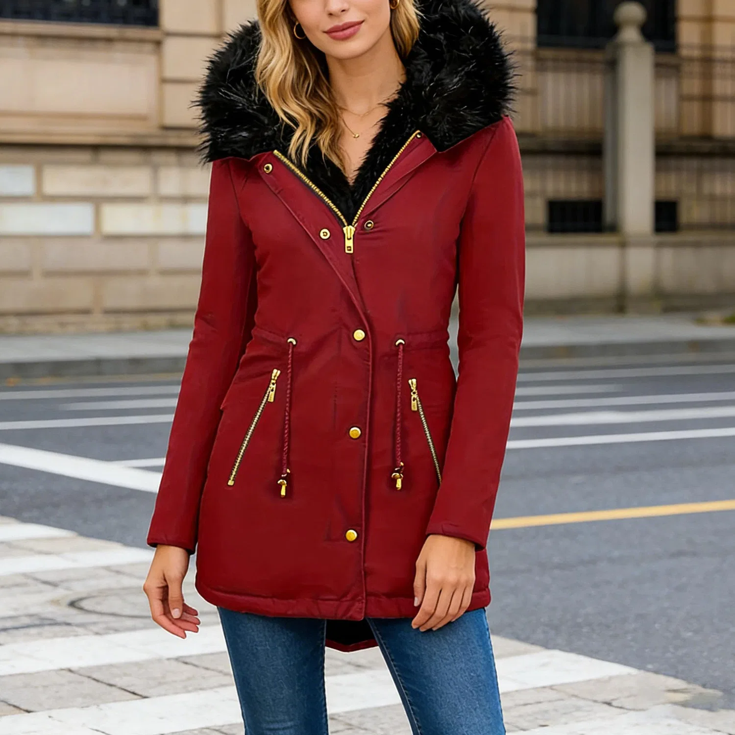 Женское зимнее пальто средней длины с подкладкой из шерпы Warm Heavy Coat, Rosso — фото 2