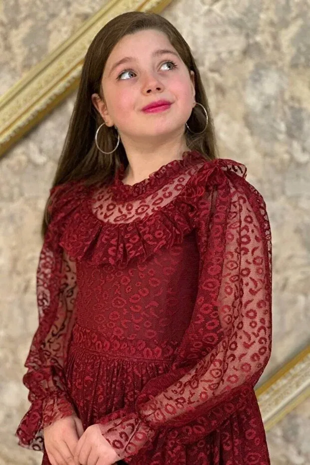 Детское платье для девочек кружевное с длинным рукавом Design Abiyekids, Burgundy — фото 4