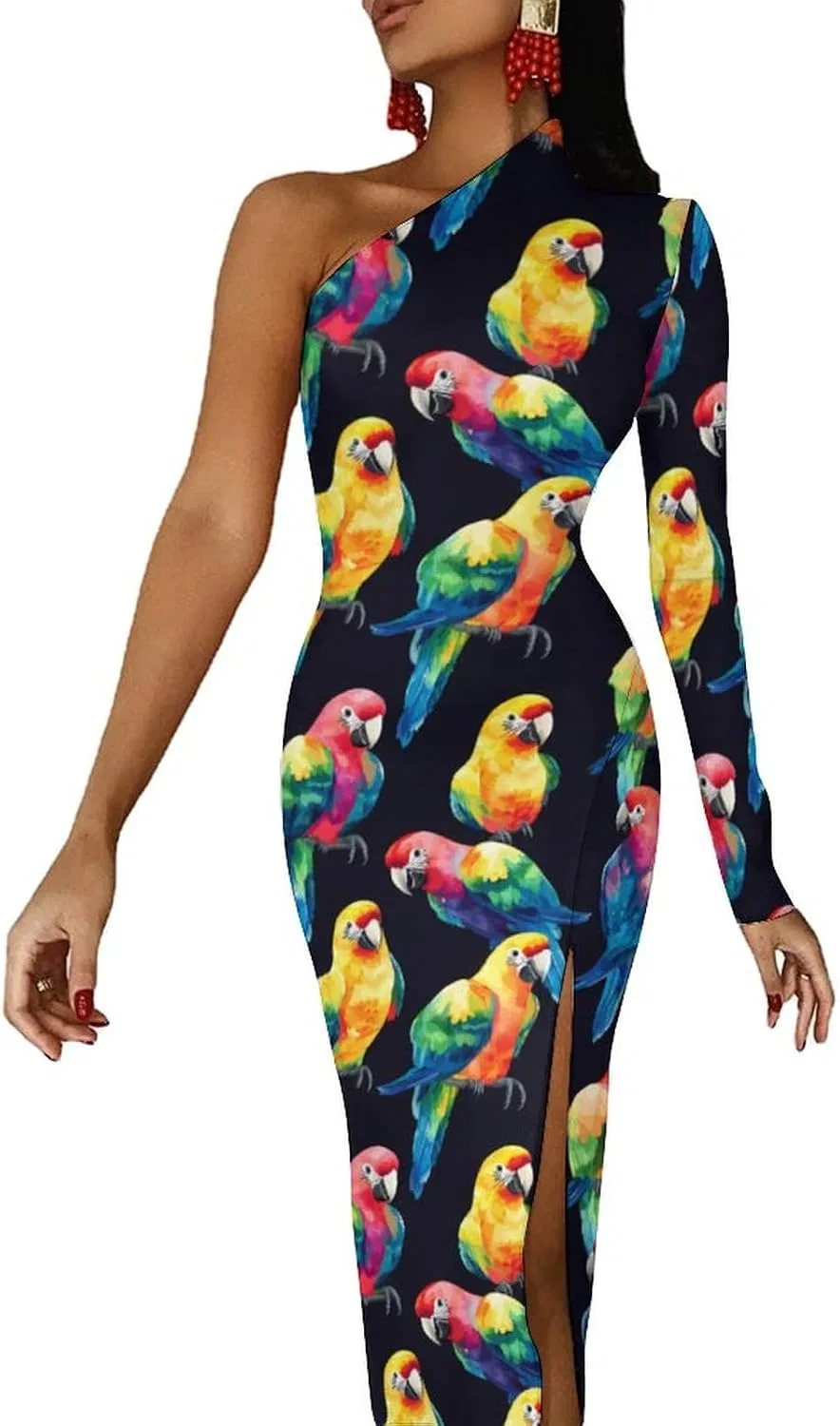 Женское коктейльное платье с одним рукавом Watercolor Parrots, Style