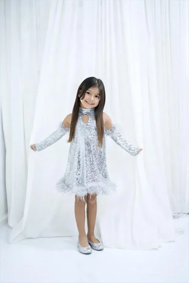 Детское платье для девочек с пайетками Feather Detailed Sequin Dress Mon Icone, Gray
