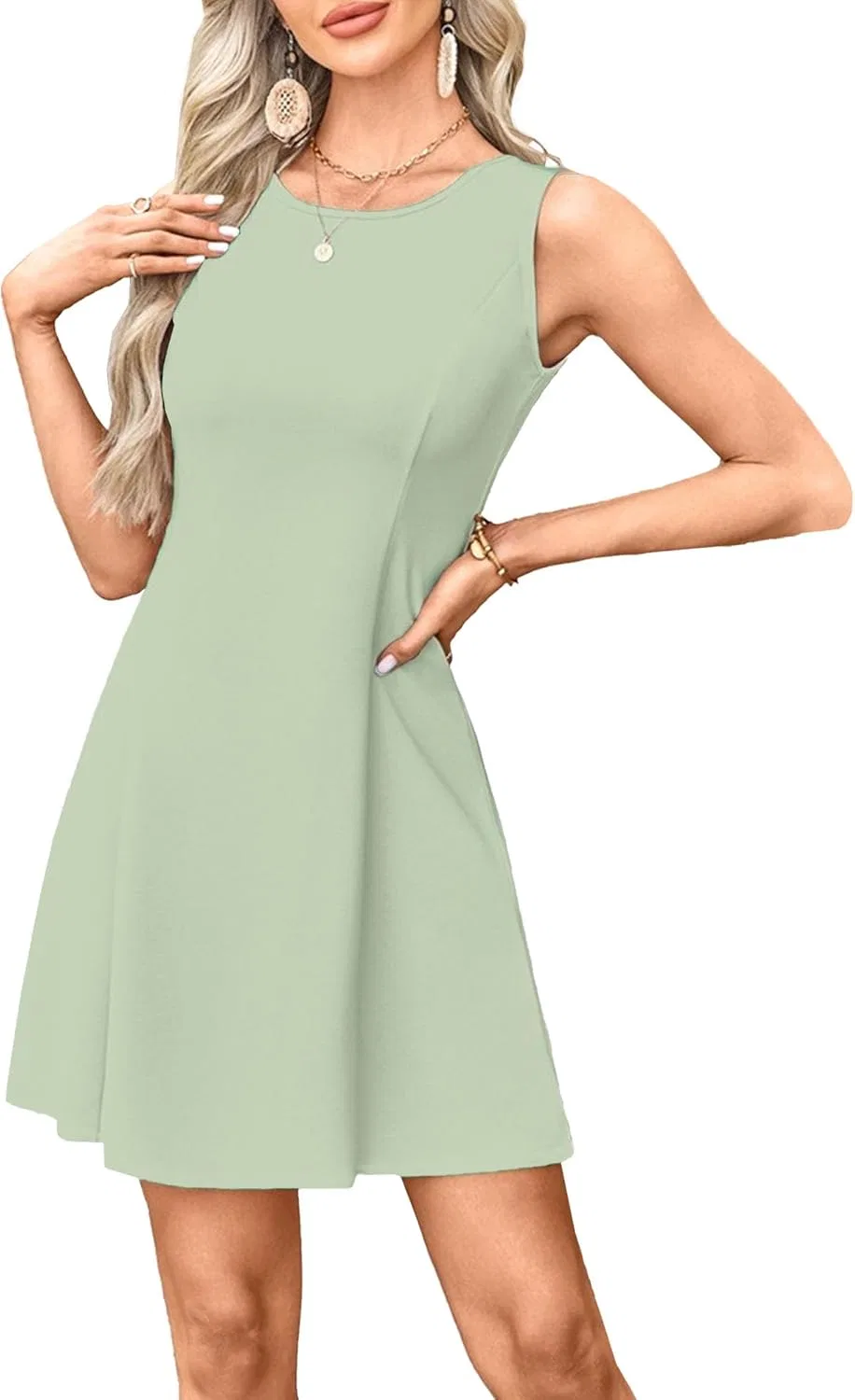 Женское коктейльное платье без рукавов с круглым вырезом, Light Green