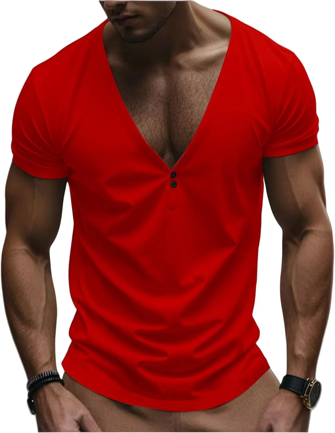 Мужская футболка с V-образным вырезом Henley, Red