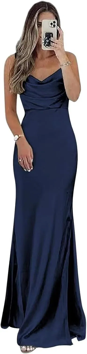 Женское атласное платье для подружек невесты с разрезом, Navy Blue