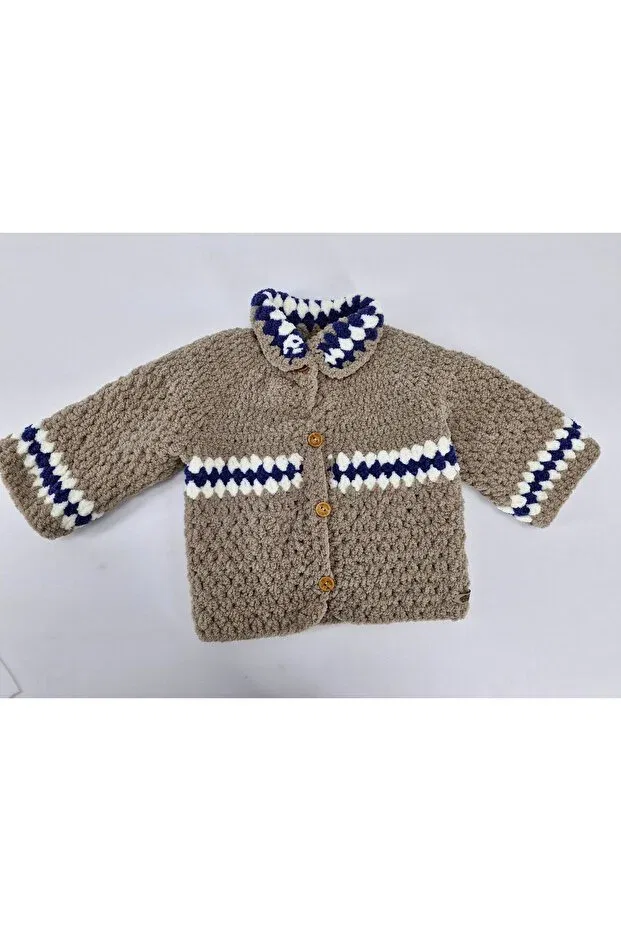Детский кардиган с полосками Hand knitted soft plus brown navy blue white striped cardigan Evitle, Brown