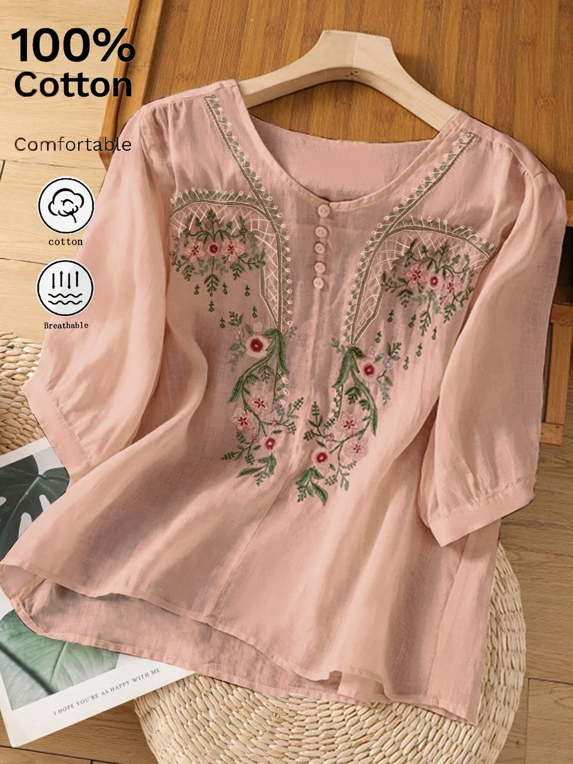 Женская блузка с вышивкой Estate 3/4 Lunghezza Manica Girocollo Camicetta Casual Tunica Larga, Rosa Di Loto — фото 2
