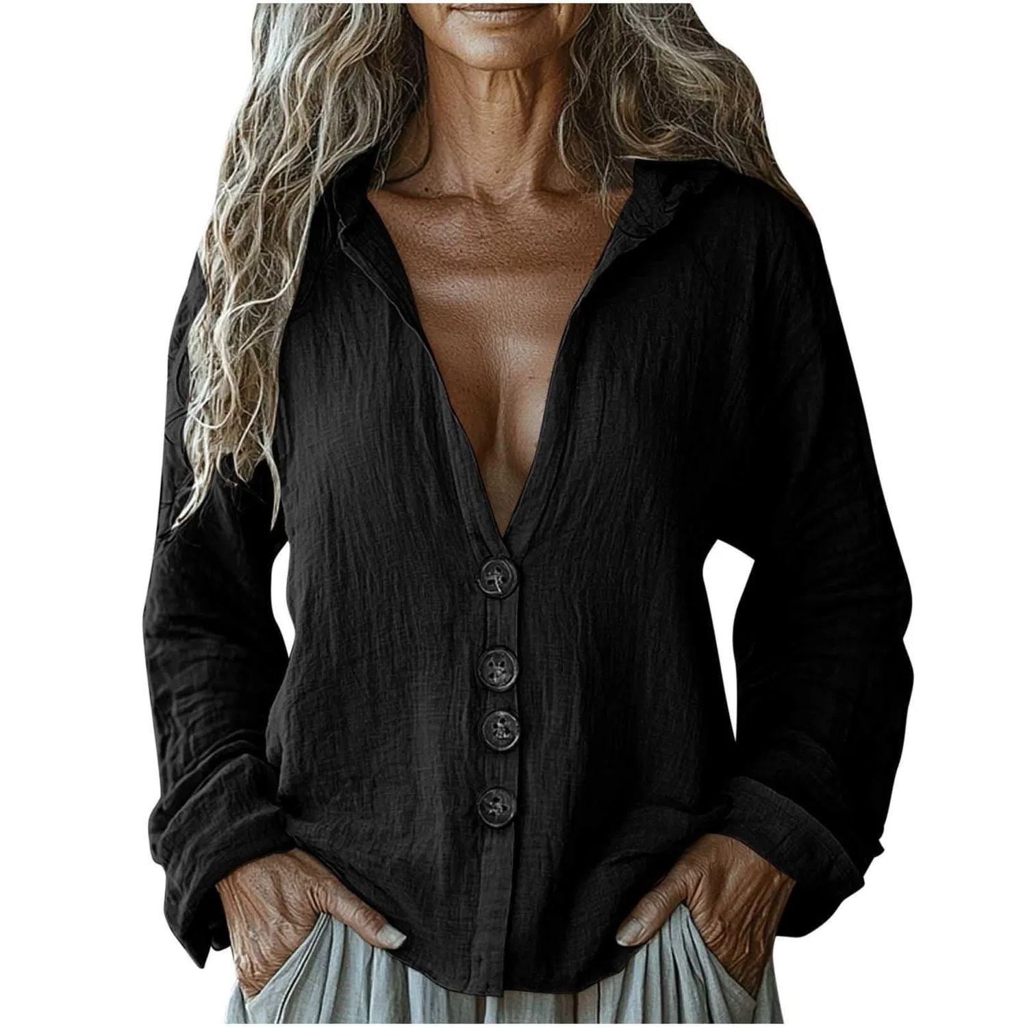 Женская льняная рубашка с длинным рукавом с принтом Vintage Bohemian, Black
