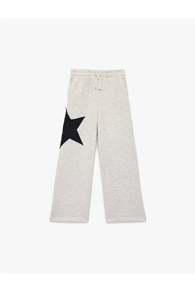 Детские спортивные штаны для девочек с принтом Star Embroidered Wide-Leg Sweatpants With Pockets And Tie-Waist Koton, Gray Melange — фото 3