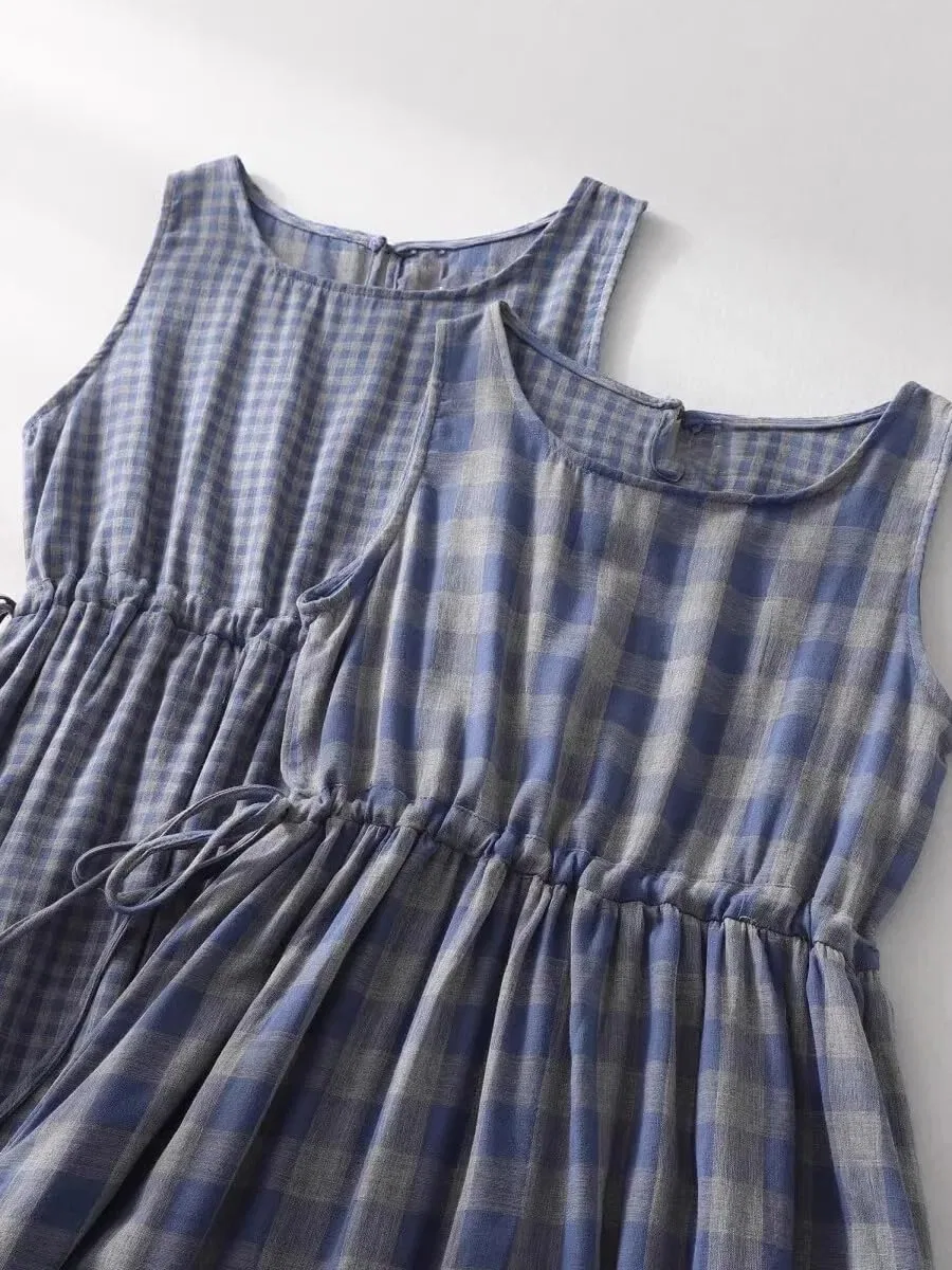 Женское платье-трапеция с цветочным принтом, Sleeveless, Blue Big Plaid — фото 4
