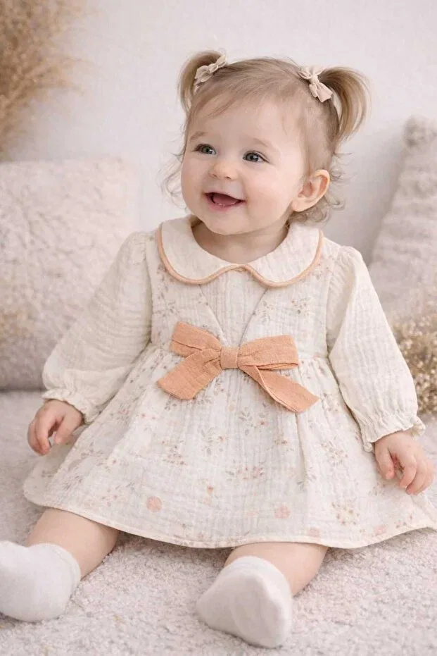 Детское платье для девочек хлопковое Krm Kerem Bebe, Ecru-Fawn — фото 2